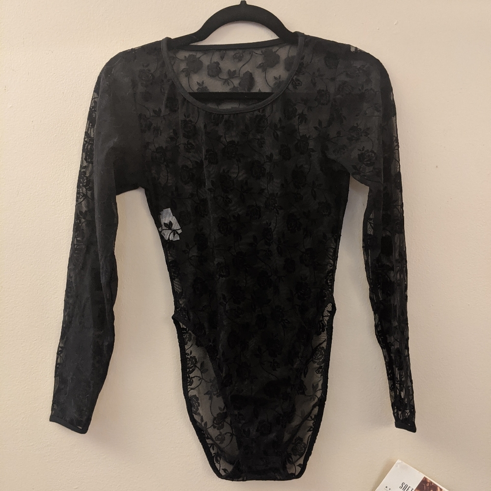 Vintage sexy black lace stretch bodysuit / leotard
